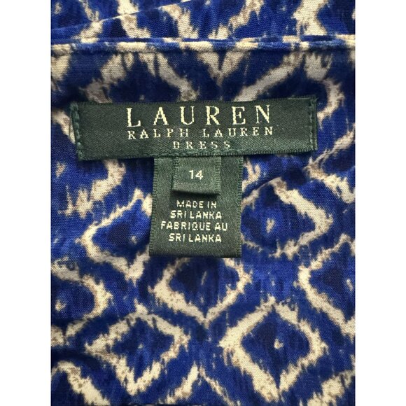 Ralph Lauren Blue Geometric Print Ruched Jersey Dress Size 14 Sheath Stretch - Picture 7 of 9